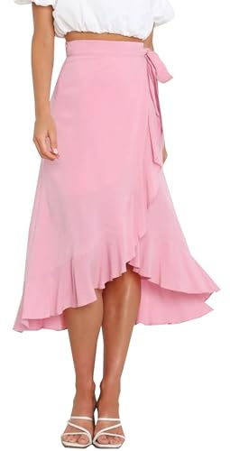 FEOYA Dam hög midja slips wrap midikjolar enkel volang fåll delad maxi wrap kjolar ledig sommar strand långa kjolar, Rosa, S