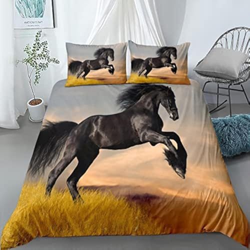 Set di Biancheria da Letto per Bambini Con Motivo Cavallo Che Corre, Stampa 3D, per Ragazzi, Con Chiusura Lampo e Federa (Nero1, 220 x 240 cm)