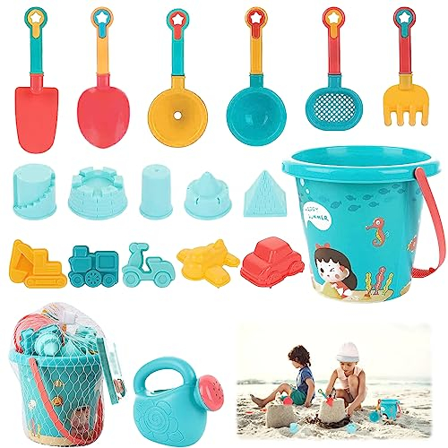 LETTERASHQP 18 Stück Sandspielzeug, Sandspielzeug Kinder,Sandspielzeug Set Groß mit Eimer, Sandformen, Gießkannen, Schaufeln, Harken und Netzbeutel, Sandkasten Spielzeug für Kinder Junge Mädchen