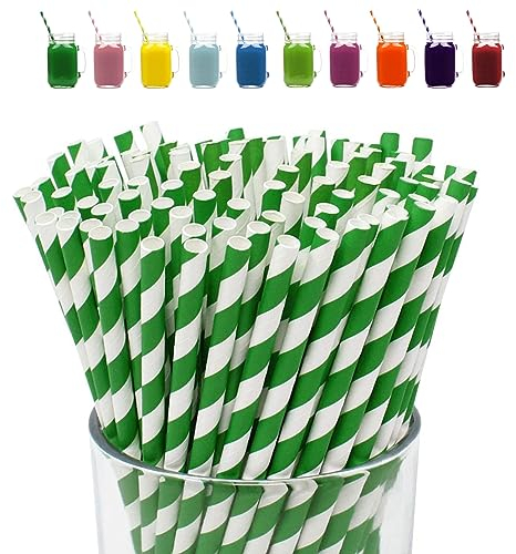 Christmas Green Stripes Drinking Straws-100Pack Straws Drinking Paper for Kids,Assorted Biodegradable Straws for Christmas,Stripes Drinking Straw for Xmas Party Decor