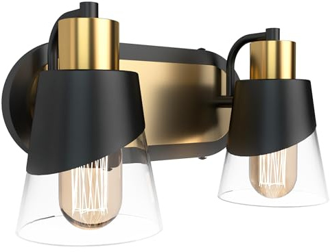 URSOLA 2 Lights Bathroom Vanity Light, Bathroom Lighting Fixtures Over Mirror, 13.8 inch Bathroom Light Fixtures Black and Gold with Bevelled Edge and Clear Glass Shade Wall Lamp