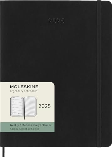 Moleskine Weekly Planner, WochenPlaner mit Platz für Notizen für 12 Monate 2025, Weicher Einband und Elastischer Verschluss, Farbe Schwarz, Extra Großes Format 19x25 cm