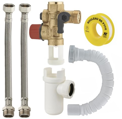 Kit raccordement Groupe de sécurité droit norme NF 20x27 (3/4) siège laiton + siphon + flexibles d'alimentation + flexible évacuation + teflon chauffe eau/cumulus NOYON & THIEBAULT