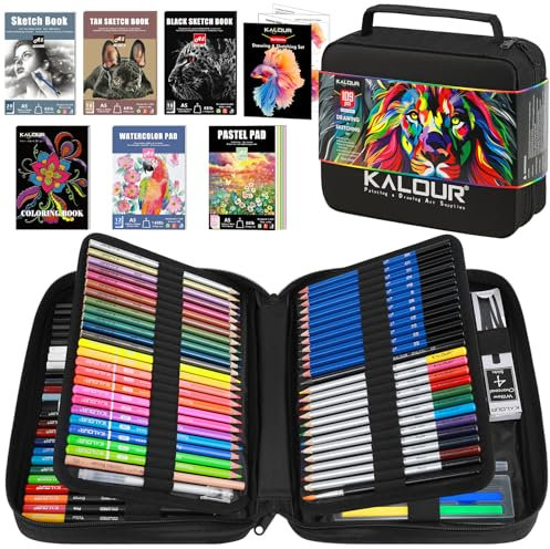 KALOUR PDAS 109 Zeichen Set Skizzenset, Pro Kunstbedarf mit Neon-, Farbstiften, Aquarell-, Metallic-, Graphit- und Kohlepenseln, 6 Skizzenbüchern und Malbuch, Geschenk für Erwachsene, Teenager