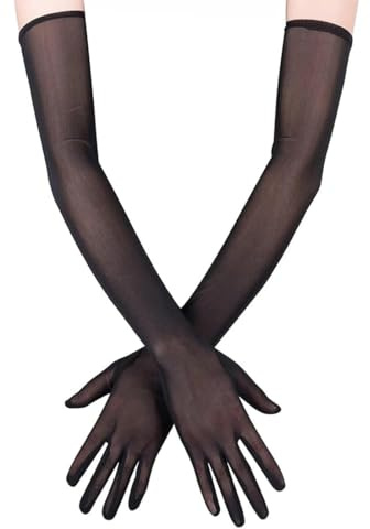 NHQZ Gants Longs Noir, pour Tenue Festival Femme, Mariage, Sexy, Transparent, Extensible, Doigts Longs, Unisexe, Collant, Maille, Voir à Travers, Soirée, Mariage