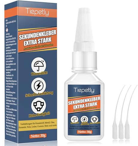Sekundenkleber Extra Stark, Wasserfest Superkleber mit Antiverstopfungskappe, Alleskleber, für Kunststoff, Metall, Glas, Holz, Keramik und Heimwerkerbedarf (30 g)