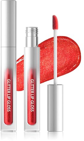 Glitter Lipgloss Rot, Metallic Shimmer Flüssiger Lippenstift 24 Stunden Halt, Waterproof Non-stick Cup Diamond Glitzer Lip Gloss, Hochpigmentiert Sparkly Lipgloss Lippen Makeup für Weihnachten-04