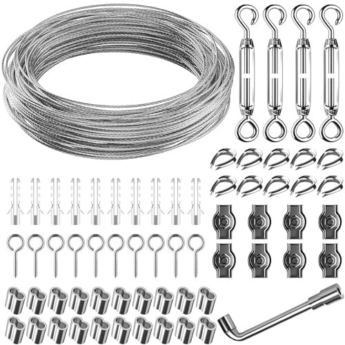 35m Φ 3mm Cavo con Tenditore & Ganci, Set Corda Sospensione Rivestito Acciaio Inossidabile, Fune Filo Stendibiancheria per Stendere il Bucato Esterno, Tiranti, Tenda Appesa, Appendere Lamp,Recinzione
