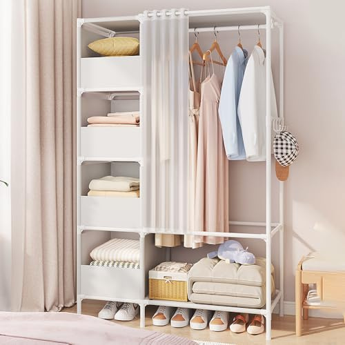 LONENESSL Heavy Duty Clothes Rail, Simple Wardrobe with Door Curtains, Metal Rack With Hanging Clothing Rail, Shoe Rack, Storage Shelves, 4 Coat Hooks, Stacking Area, for Bedroom Office Shop (WHITE)
