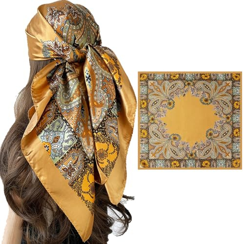 XIEXIESHER Foulard en Soie pour Femmes 90x90cm Carré Satin Polyester Foulard Soie Femme Bandana Cheveux & Accessoire Cou Léger & Doux avec Motifs Classiques Bandanas Plage