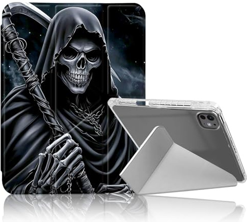 DISUOFEART for iPad Pro 13 inch Case 2024, Skeleton with Scythe Slim Stylish Clear Protective Cover with Pencil Holder, Multi-Angle Folding Y-Shaped Stand & Auto Sleep/Wake Function