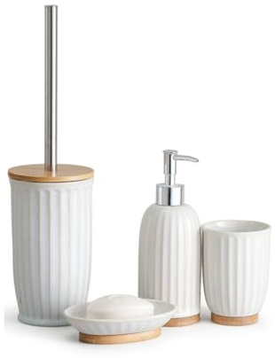 BM Set Accessori Bagno 4 Pezzi in Ceramica e Bambù – Dispenser Sapone, Portaspazzolino, Portasapone, Porta Scopino WC (BIANCO RIGATO)
