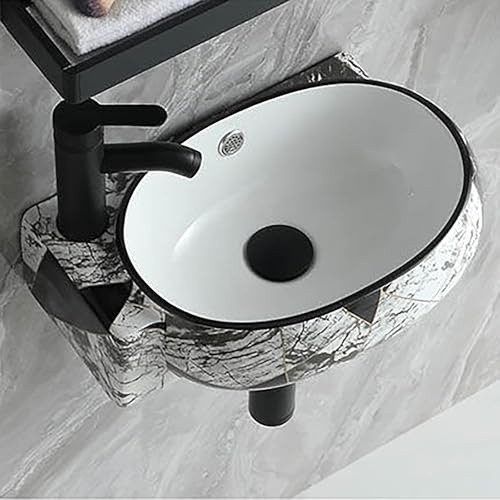 Fregadero esquinero de cerámica de 16 pulgadas – Fregadero de baño montado en la pared, lavabo pequeño lavabo de esquina moderno con diseño en blanco y negro para soluciones de ahorro de espacio.