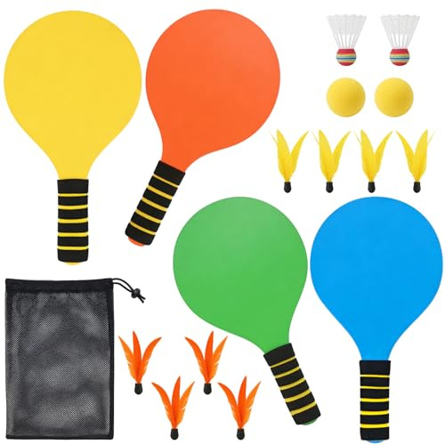 Beach Bat and Ball Set, Outdoor Kids Wooden Paddle Ball Game with 2 Paddles 4 Birdies 2 Balls 2 Badmintons 1 Mesh Bag, Garden Family Game Toys Outdoor Games for Kids Teens 3+ Years Old