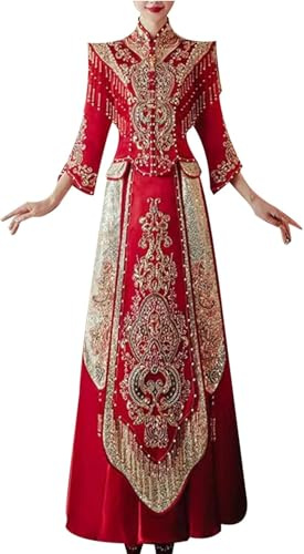Kinesisk bröllopsklänning, Röd kinesisk bröllopsklänning Xiuhe-klänning Underbara broderade toppar Qipao-kostym for tillfällen som äktenskapsförlovare(9XL)