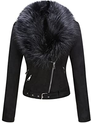 Bellivera Women Faux Suede Jacket Moto Biker Sherpa-Lined Coat Black L