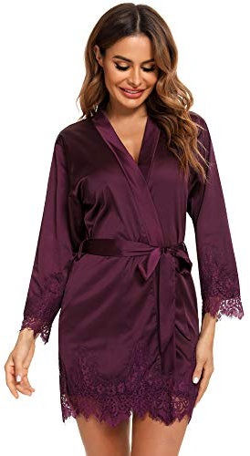 RSLOVE Robe Chemise de Nuit en Dentelle pour Femmes Kimono en Satin Rob de Mariée pour Mariagee Violet XL