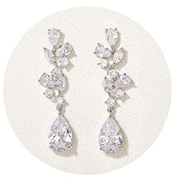 SWEETV Bridal Wedding Earrings for Brides Bridesmaides-Marquise Teardrop Earrings for Women, Cubic Zirconia Drop and Dangle Earrings for Prom or Pageant,Jewelry, Silver