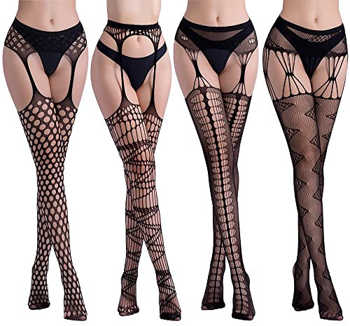 Diealles Shine Calze per Reggicalze, 4 Paia Calze a Rete, Collant Elastici in Pizzo da Donna, Nero