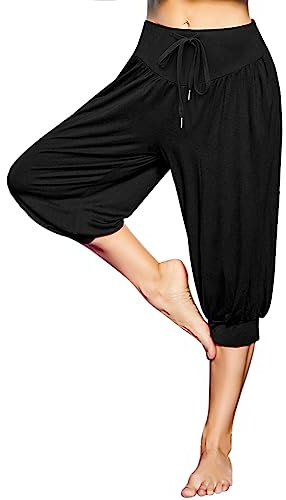 Terecey Locker Yogahose Damen Capri 3/4 Pumphose Kurz Haremshose Sommer Freizeithose Modal Sporthose Caprihose mit Taschen und Gummizug für Jogging Yoga Schwarz XL