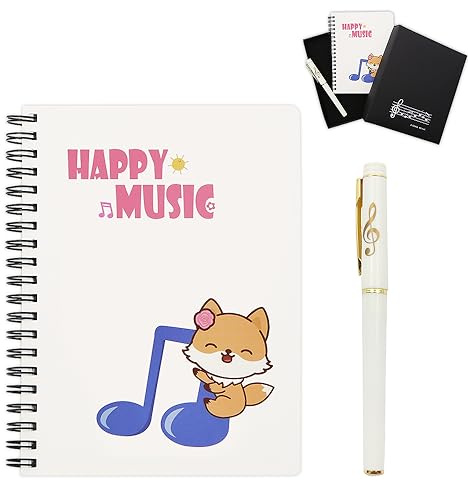 Coffret cadeau de papeterie sur le thème de la mélodie du piano musical, 1 carnet de notes à spirale à feuilles mobiles avec 1 stylo à bille pour bureau, école, étudiant, papeterie cadeau (Le chat)