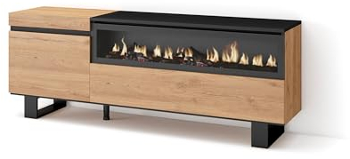 Skraut Home | TV-Schrank, Lowboard | für Wohnzimmer und Esszimmer | 150x57x35cm | Für TV-Geräte bis zu 65 | Elektrokamin. Maße | Industriedesign | Moderner Stil | Eiche Schwarz