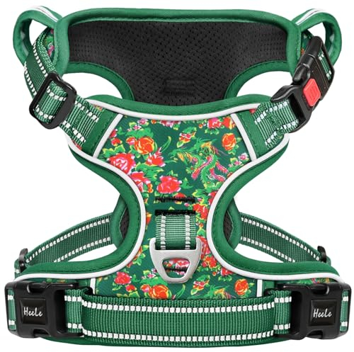 HEELE Hundegeschirr, Brustgeschirre für Hunde, Laufgeschirre Hund mit abschließbarem Schnappverschluss, einstellbare reflektierende Hundegeschirre, Offen am Hals, Anti Zug Dog Harness, Geblümt Grün, S