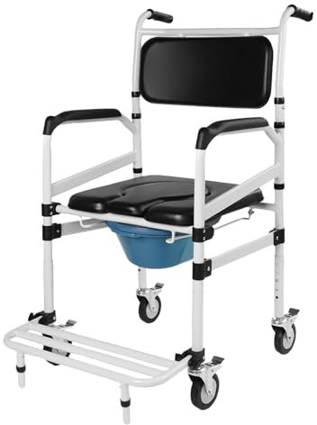 Toilettenrollstuhl Höhenverstellbar, Toilettenstuhl für Senioren mit Rollen, Duschrollstuhl, Nachtstuhl für Senioren, Duschstuhl mit Rollen für Behinderte, toilettenstuhl fahrbar with Arms (Schwarz)