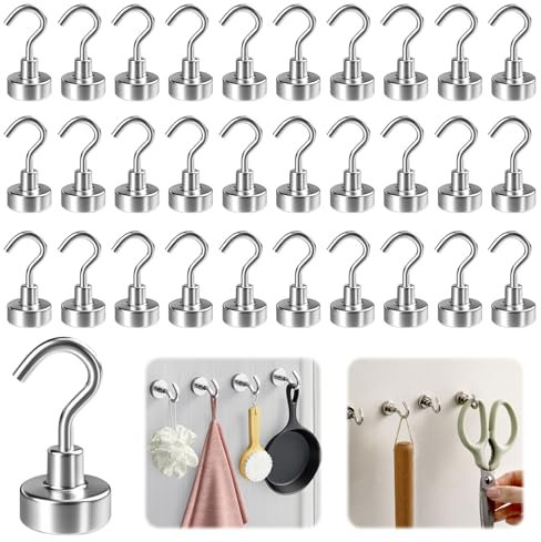 30PCS Neodymium Magnetic Hook Set - Heavy Duty Strong Metal Hangers for Ship, Cruise, Kitchen, Garage, Office, Fridge - Silver Hooks for Keys, Tools, Clothes Hanging Essentials