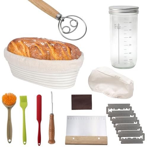 Ruiqas Kit de démarrage au levain 11 pièces complet avec panier à pain bannieton de 25,4 cm, pot de démarrage de 600 ml, grattoir à pâte