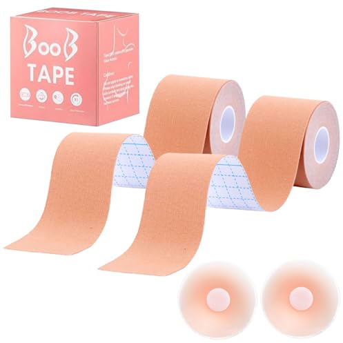 2 Paires Bande Soutien Gorge Adhesif, Soutien-Gorge Adhésif Push Up Grand Boob Tape, 5cm x 5m avec 1 Paires Couvre-tétons Gel de Silice Breast Lift Tape pour Bonnet AE Gros Seins