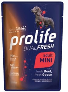 Prolife Humide Chien Dualfresh Adult Boeuf et Oie Aliment complet pour chiens adultes de toutes tailles, Goût Boeuf et Oie | 12 sachets de 100 grammes chacun.