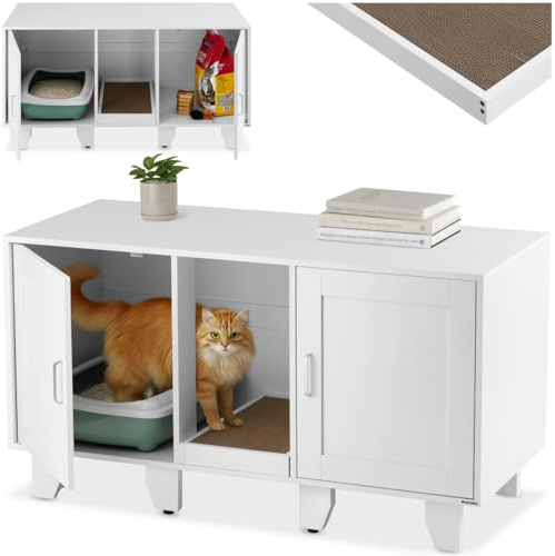 tectake® Armoire 2en1 Meuble Toilette pour Chat Meuble de Rangement pour litière Chat avec 2 Portes & Tapis à griffer, idéal pour Rangement Nourriture pour Chats, Maison, entrée, Couloir, Salon