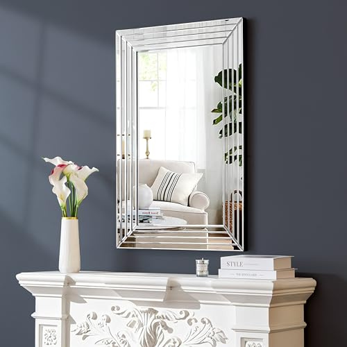 SHYFOY Specchio da parete rettangolare senza cornice – 90 x 60 cm – Specchio decorativo argento con bordo smussato per soggiorno, bagno, camera da letto e ingresso