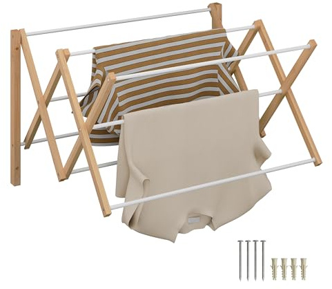 Relaxdays Wäscheständer Wandmontage, ausziehbar, HxBxT: 45 x 71,5 x 59 cm, Bambus & Metall, Wandtrockner, Natur/weiß