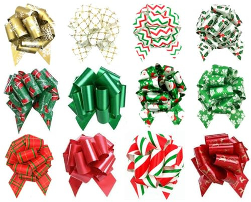 GWAWG Fiocchi natalizi per confezioni regalo, fiocchi natalizi in rosso e verde, facili da usare, grandi fiocchi regalo per regali, cesti regalo, bouquet, bottiglie di vino, decorazioni natalizie, 12
