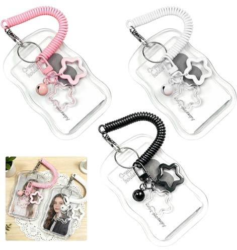 LuminaryLair Lot de 3 Porte-Carte Photo avec Corde à Ressort | Porte-cartes Transparent avec Breloque Etoile Résistant à l'eau, Pochettes pour Cartes Résistantes à l'eau