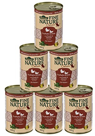 Dehner Fine Nature Katzenfutter, Nassfutter getreidefrei, für ältere Katzen, Truthahn / Ente, 6 x 400 g Dose (2.4 kg)