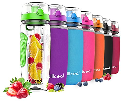 Borraccia per l'acqua con infusore per frutta,di grandi dimensioni, capacità: 946 ml, resistente, in plastica Tritan priva di bisfenolo A, con coperchio a scatto e design a prova di perdita (Green)