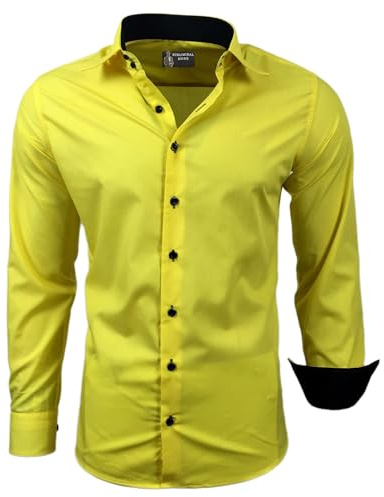 Subliminal Mode - Repassage Facile Chemise Homme Col Bicolore Uni Manches Longues Coupe Slim Business Idée Cadeau, Noël, Saint Valentin RN44,XL,Jaune