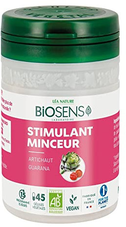 Biosens - Gélule végétale Stimulant Minceur - Artichaut et Guarana - Certifié Bio AB Vegan - Fabriqué en France - Actifs 100% Végétaux - Programme de 15 jours - 45 gélules