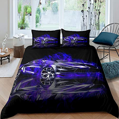 Loussiesd Rennsportwagen Bettwäsche Set 135x200cm Extremsport Thema Bettbezug Set für Kinder Jungen Teenager Autosportwettbewerb Betten Set Cool Automobile Stil Blau