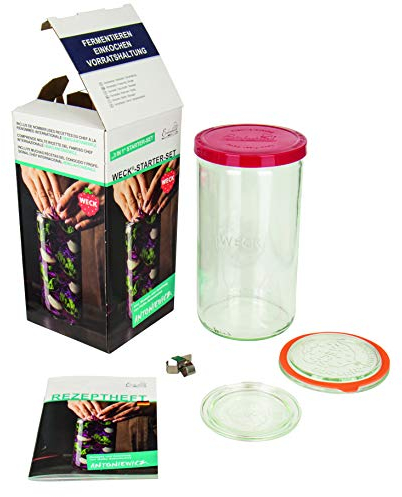Weck Stangenglas Starter-Set (Glas zum Fermentieren, inkl. 2 Glasdeckel ř 80 mm / 100 mm, Gummiring, 2 Klammern, 1 Silikondeckel, Einmachglas mit Rezept-Heft) 44819, Klar,rot