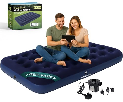 Green Haven Double Airbed with Electric AC Pump – Inflatable Mattress for 2 with Waterproof Flocked Top – Quick Setup Blow Up Bed for Camping & Guest Use – Includes Mains Pump