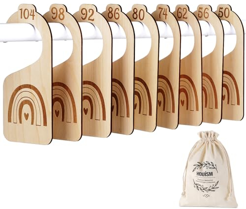 Babykleidung Trenner Holz, 10 Stück Baby Größentrenner Konfektionsgrößen 50-104, Kleiderschrank Trennwände Sortieren nach Deutschen Größen mit Holzkiste und Organzasäckchen-Doppelseitiges Lasers