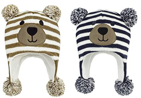 Durio Baby Mütze Wintermütze Kleinkind Kinder Mädchen Jungen Earflap Beanie Warm Strickmütze mit Bommel 2er Set Kaffee u. Navy 1-2 Jahre (Tag Size M)