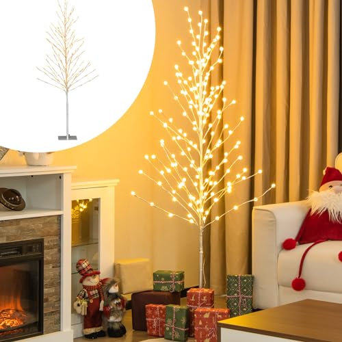 COSTWAY 155 cm LED-ljusträd, björkträd med varma vita LED-lampor, konstgjord julgran, julgran med metallstativ, upplyst julgran, dekorativt träd