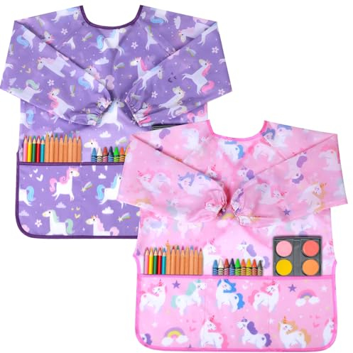 patinadrift 2 Stück Malkittel Kinder Schule 2-7 Jahren Malschürze Kinder mit Ärmeln Wasserdichter Malkittel Bastelschürze Malschürze Kinderschürze für Kunst Malerei, Malen und Kochen