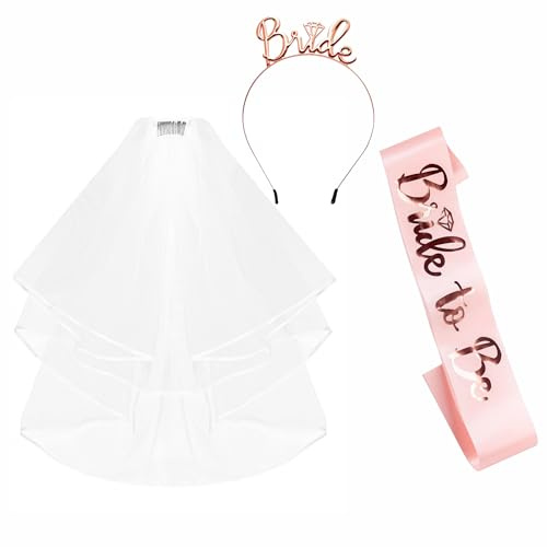 Bride to Be skärp och Bride tiara slöja möhippa tillbehör set, bröllop brud band och slöja tiara pannband möhippa tillbehör för bröllop möhippa fest dekorationer rosa vit