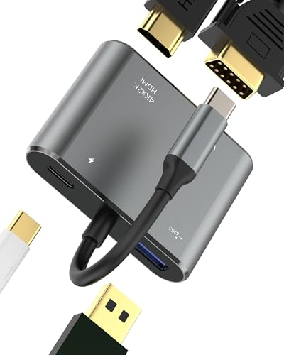 4-in-1 USB-C Multiport Adapter mit HDMI VGA Displayport DP AV Hub für iPad Macbook iPhone 15 Pro Max - Type-C Charging, USB-A OTG 3.0 Splitter, 4K 60Hz Hochauflösend